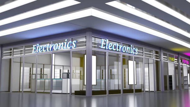 istock Electronics store facade with glass storefront and neon signs 1949680753