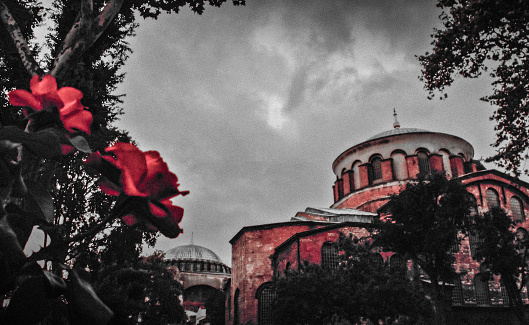 View of Hagia Irene Church in a rainy weather, Istanbul, Turkey