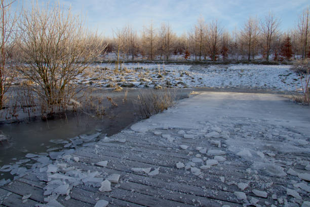 kawałki lodu na zamarzniętym moście - winter lake snow water zdjęcia i obrazy z banku zdjęć