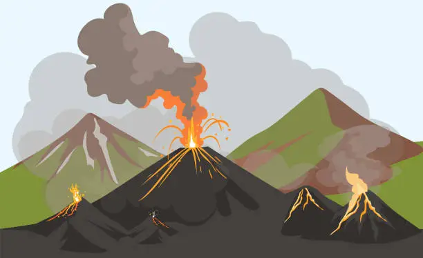 Vector illustration of Volcanic eruptions and consequences vector illustration