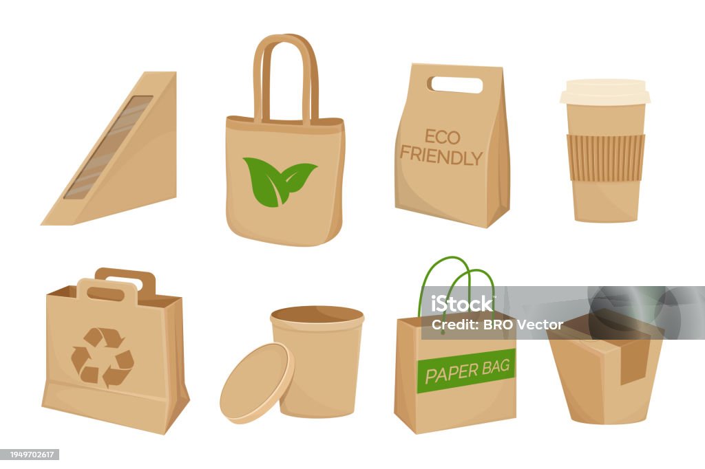Compostables Drawing Ecofriendly Food Packaging Vector Illustration Set Stock Illustration ...