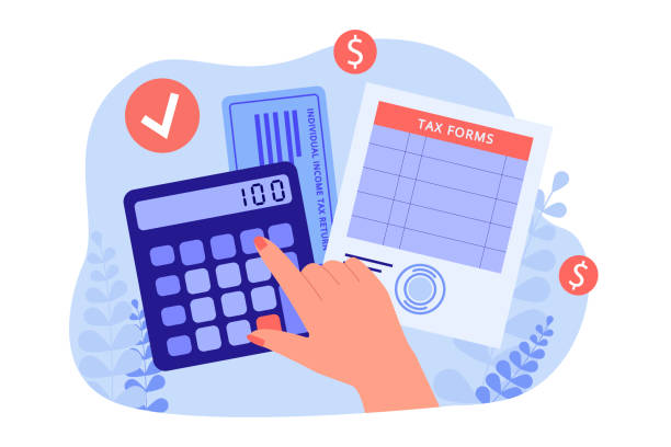 ilustrações, clipart, desenhos animados e ícones de vista superior dos formulários fiscais e ilustração vetorial da calculadora - tax tax form receipt refund