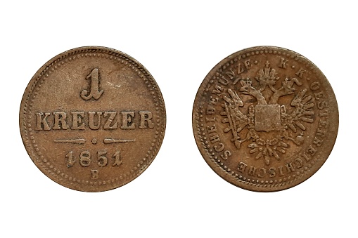 1 Kreuzer 1851 B Franz Joseph I. Coin of Austrian Empire. Obverse The double-headed eagle, lettering around outside within a beaded border.  Reverse The value above dividing line, year and mintmark below