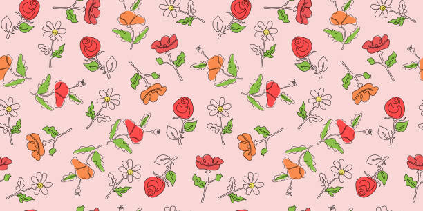 kamille, rose, mohn. blumenmuster. strichzeichnung. umriss, lineare darstellung. nahtloser vektorhintergrund. pflanze, abstrakte blume. - red pattern poppy plant stock-grafiken, -clipart, -cartoons und -symbole