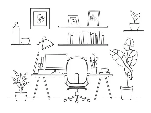 Vector illustration of Office with computer. Outline