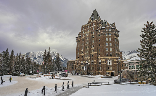 Banff, Alberta, Canada - January 20, 2023:  Exterior view of the Historic Fairmount Banff Springs Hotel in winter