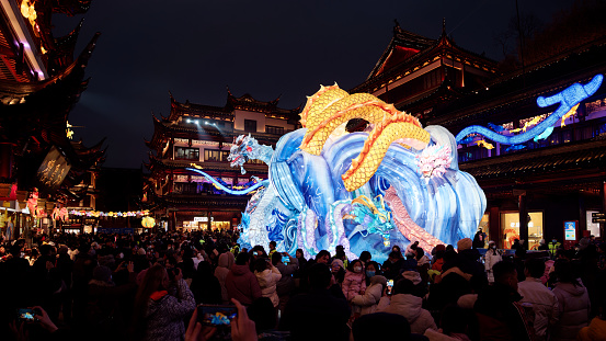 Shanghai, China - Jan. 14, 2024: Lantern Festival in the Chinese New Year( Dragon year), Chinese traditional colorful dragon lantern in Yuyuan Garden.