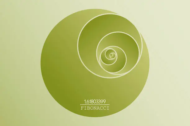 Vector illustration of Fibonacci Sequence Circle. Golden ratio. 3D Geometric shapes spiral. Green gradient Circles in golden proportion, minimalist design. Vector circular Logo icon isolated on light green background