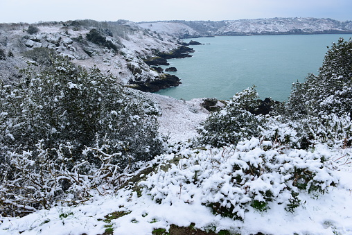 Snowy coastal landscape.