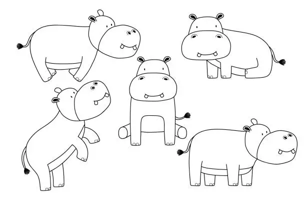 Vector illustration of Set of cute hippopotamus animal doodle hippo in many poses.
