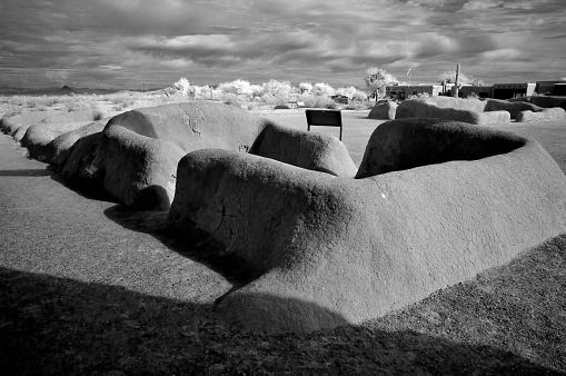 Casa Grande Ruins National Monument of the Pre-columbian Hohokam native Americans in Arizona USA Black and white