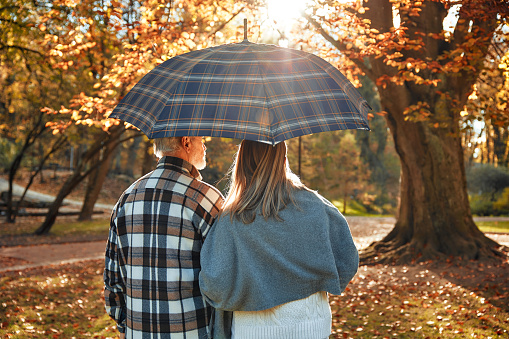 Senior beautiful gray-haired couple under an umbrella walking in a park in golden autumn.