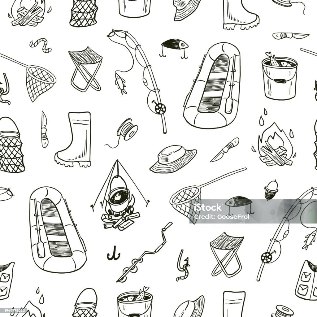 Fishing Objects Vector Doodle Seamless Pattern Stock Illustration ...
