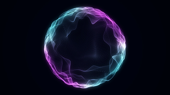Abstract colors sci-fi sphere with particles. Technology network connection on world. Futuristic illustration. Global digital connections ai. 3D wireframe geometric sphere. 3D rendering.