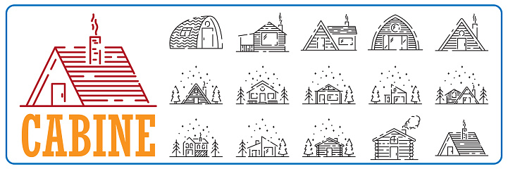 Log Cabin Vector Line Icon set. Winter, spring or autumn wooden house and camping.