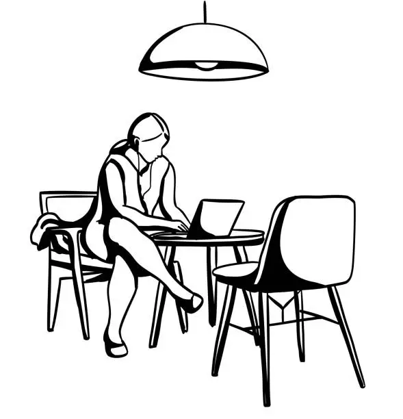 Vector illustration of Coffeeshop Space And Working Student Ink