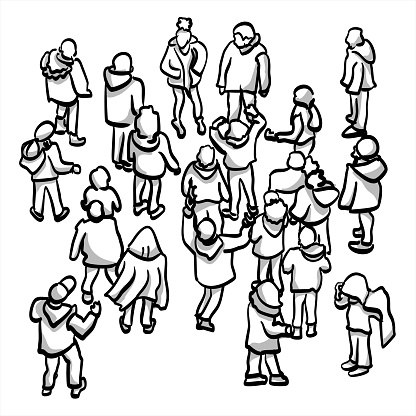 Crowd of children seen from above. Hand drawn illustration