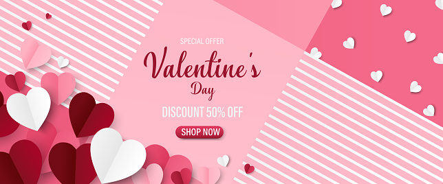 Valentine's day Background with Heart shape Paper cut. Vector illustration. Creative design for sale concept, voucher template, posters, brochure.  Pink banner party invitation template.