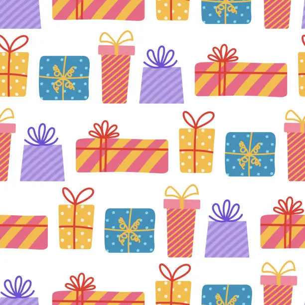 Vector illustration of Colorful gift boxes seamless vector pattern. Various presents with ribbon, bow. Packed containers with stripes, polka dots. Surprise for birthday, party, anniversary. Flat cartoon background for print