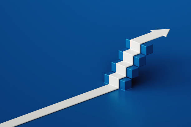 istock White arrow flowing on step stair with blue background, business way concept, minimal style, 3d rendering 1949819098