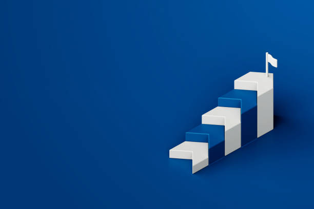 Blue white step stair with white target flag on blue background, business way concept, minimal style, 3d rendering