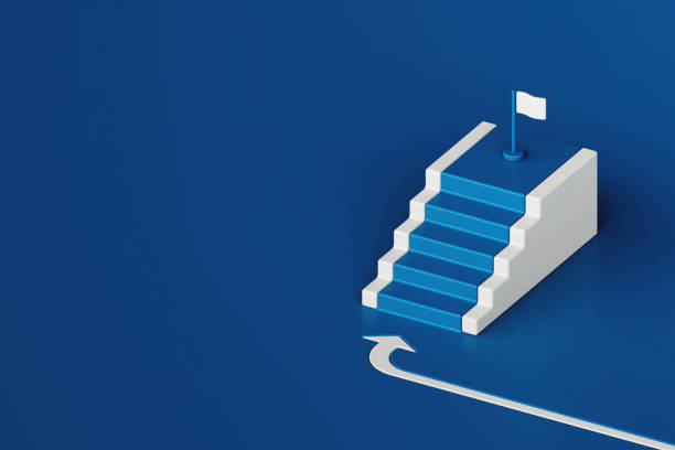 istock Blue step stair with white curved arrow on blue background, business way concept, minimal style, 3d rendering 1949819105