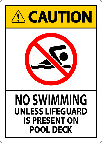 Caution Pool Sign No Swimming Unless Lifeguard Is Present On Pool Deck