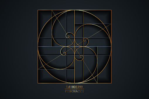 Fibonacci Sequence Spirals. Golden ratio. Gold Geometric shapes spiral in golden proportion, minimalist line art luxury design. Vector circular Logo icon isolated on black background