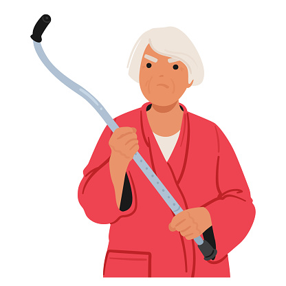 Fierce Senior Woman, Wielding Her Cane Like A Determined Warrior, Eyes Ablaze With Indignation, Demands Respect And Confronts Challenges With Unwavering Strength And Tenacity. Vector Illustration