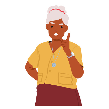 Furious Senior Woman Wags Her Finger Sternly, Eyes Ablaze With Indignation, Expressing Disapproval And Commanding Attention With A Powerful Gesture Of Frustration And Authority. Vector Illustration