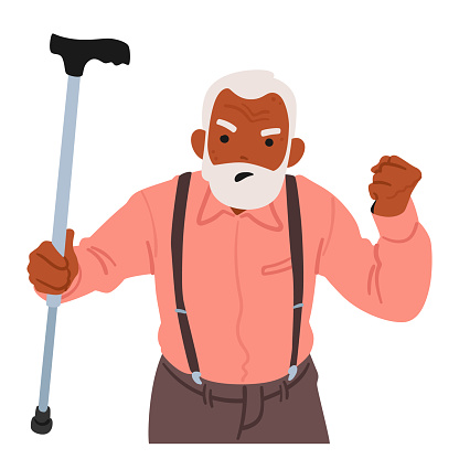 Furious Senior Man Waves His Cane, Eyes Ablaze With Frustration. Lines Etched On His Face Convey A Lifetime Of Experience, Now Channeled Into Vehement Displeasure. Cartoon People Vector Illustration