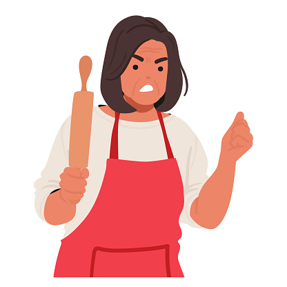 Furious Senior Woman Character, Wrinkles Etched With Rage, Brandishes A Rolling Pin Like A Weapon, Eyes Ablaze With Indignation, Ready To Unleash Culinary Justice. Cartoon People Vector Illustration