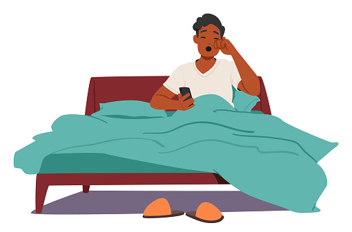 Man Sitting Comfortably In Bed, Yawn, Phone in Hand, Eyes Closed, Surrounded By The Tranquility Of Room. Character Ready To Embrace The Peaceful Embrace Of Sleep. Cartoon People Vector Illustration
