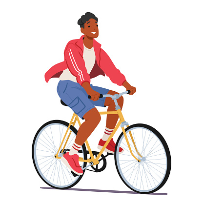 Male Character Cycling Daily Routine and Sport. Man Pedals His Bicycle, Wind Tousling His Hair, As He Navigates The Bustling Streets With Focused Determination. Cartoon People Vector Illustration
