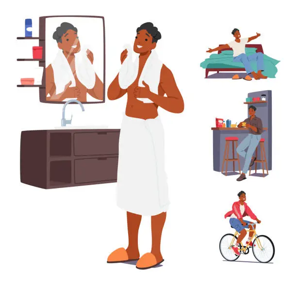 Vector illustration of Male Character Daily Routine and Rituals. Young Black Man Washing in Bathroom, Wake Up, Eating Breakfast and Riding