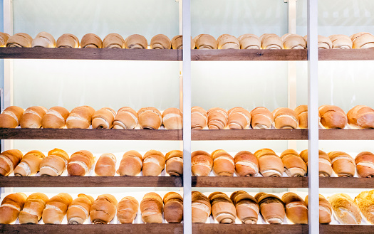 Photo of many breads at a bakery.