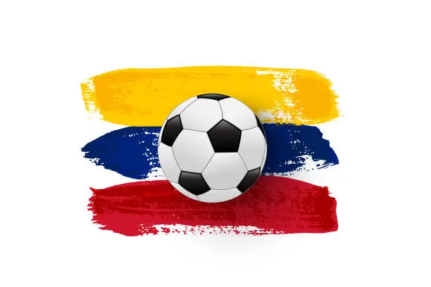 Vector illustration of Realistic soccer ball on flag of Venezuela made of brush strokes. Vector football design element.