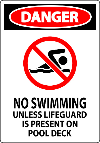 Danger Pool Sign No Swimming Unless Lifeguard Is Present On Pool Deck
