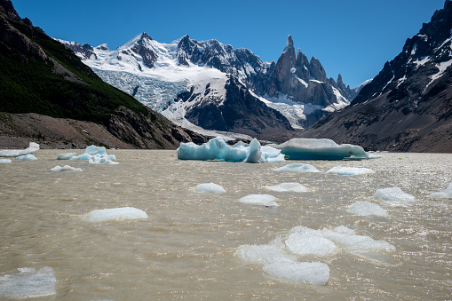 Torre lake full of pieces of ice that break off from the torre glacier. Global warming. Beautiful image of Torre Lake in Patagonia Argentina. Torre Glacier, El Chalten, Argentina