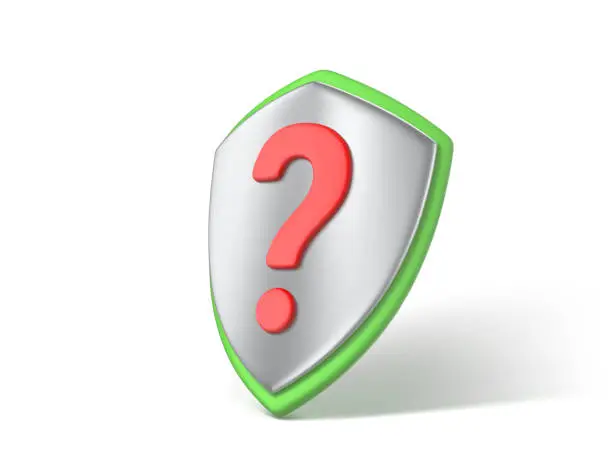 Vector illustration of 3D shield with a red question sign. Question mark shield icon. Concept of security question. Vector 3d illustration