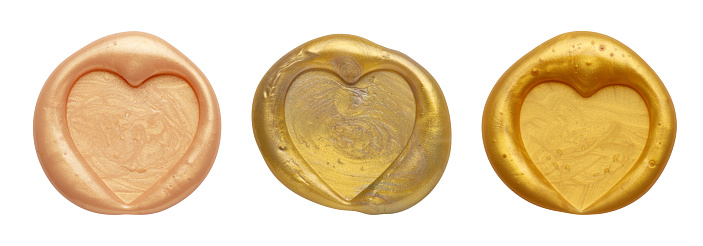 Set of golden wax seal with heart shape isolated on white background