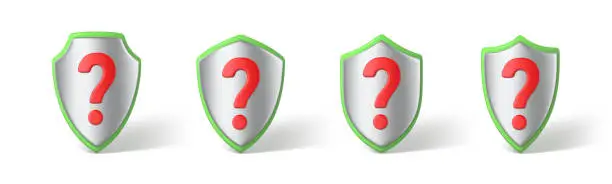 Vector illustration of 3D protection shields with a red question sign. Question mark shield icon. Concept of security question. Vector 3d illustration