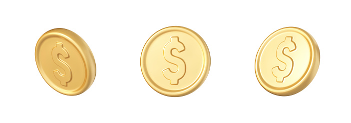 3D gold coins set in different positions isolated on white background. Vector 3d illustration