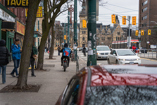 Toronto, Canada – January 07, 2024: The busy streets of Toronto, Canada on a cloudy day