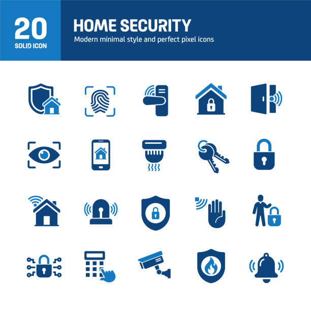 stockillustraties, clipart, cartoons en iconen met home security solid icons. containing alarm, security camera, guarding, security system solid icons collection. vector illustration. for website design, logo, app, template, ui, etc. - brandkast beveiligingsapparatuur