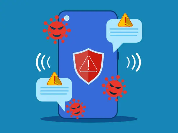 Vector illustration of Warning of cyber security threats. Smartphone with virus, shield icon and warning bubble