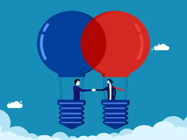 Vector illustration of Team, cooperation. Two businessmen holding hands on a light bulb balloon