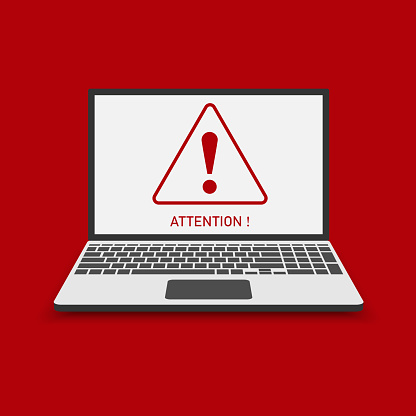 Attention warning attacker alert signs with exclamation marks on a laptop flat style. Abstract technology red color background. Attention Danger Hacking. Vector and Illustration.
