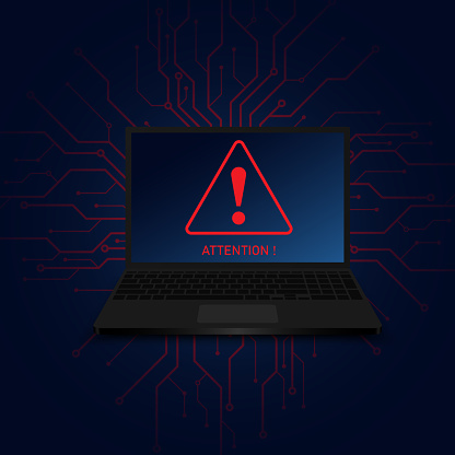 Attention warning attacker alert signs with exclamation marks on a laptop. Abstract technology blue color background. Attention Danger Hacking. Vector and Illustration.
