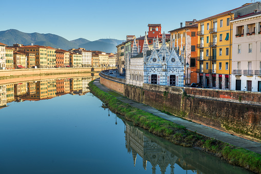 Pisa, Italy skyline on the Arno River with Chiesa di Santa Maria della Spina.